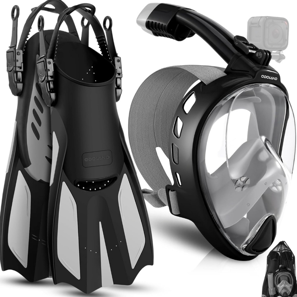 Odoland Black and Gray Snorkel Set Snorkel Mask Camera Mount NEW